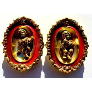 Vtg Porcelain Gold / Red Decorative Cherubs Angels Ornate Wall Hanging Figurines